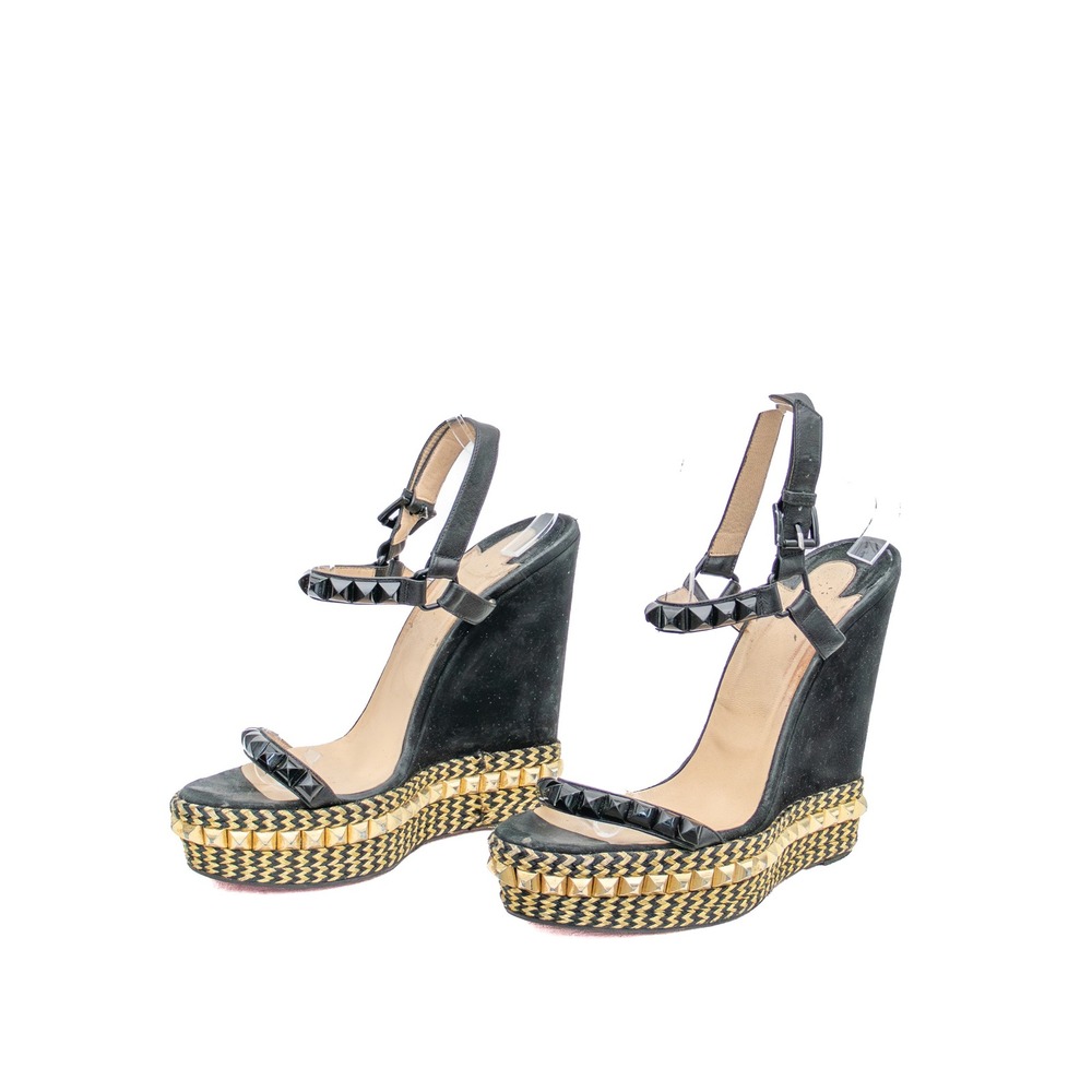 Christian Louboutin Cataclou Studded Wedge Sandals Black Gold Size 41 US 11